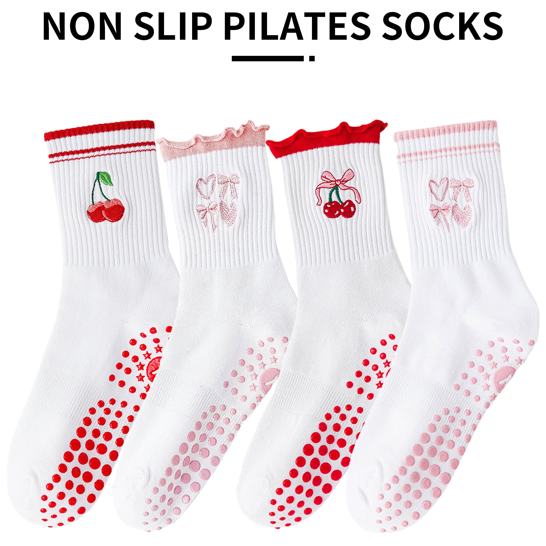 Yawlsow Pilates Grip Socks for Women, 4 Pairs Grippy Yoga Socks with Ruffle Embroidery Pattern for Barre Ballet Workout