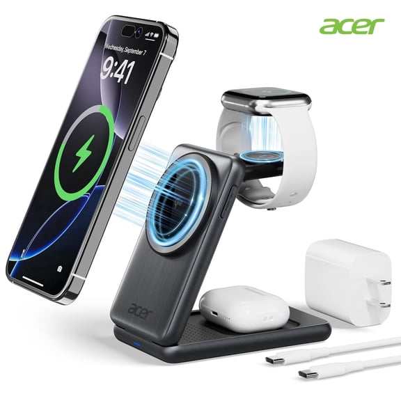Acer 3 in 1 Charging Station Compatible for Apple Device, Magnetic Foldable Fast Wireless Charger Compatible for iPhone, Apple Watch & AirPods, S3