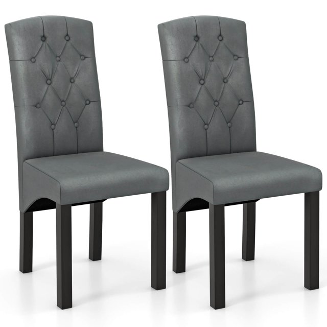 Costway Modern Dining Chair Set of 2 with High Backrest High-density Sponge Cushion in dark grey. These chairs feature a high backrest with a body-hugging curve for excellent back support and a high-density sponge cushion for comfort. The sturdy rubber wood frame and supporting legs ensure durability and stability. The elegant tufted design adds sophistication, making them suitable for dining rooms, living rooms, or studies. Dimensions are 21.5 inches long, 17 inches wide, and 39 inches high.
