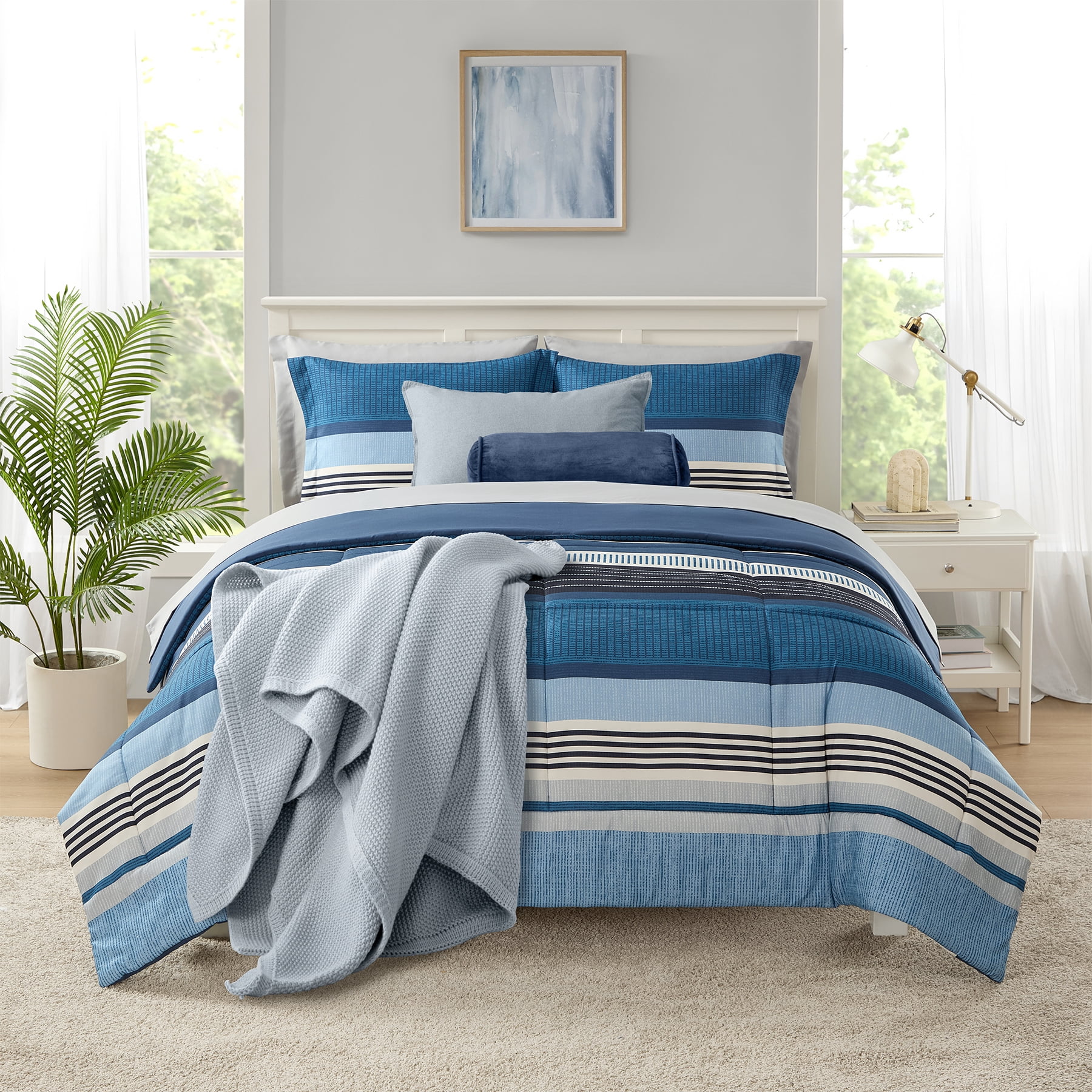 Mainstays All in One Reversible Comforter and Sheet set- 7 Piece, Full, Blue Stripe