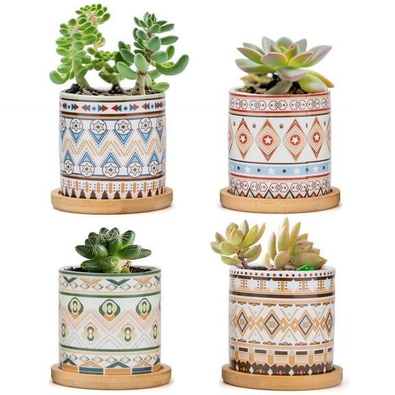 4 Pack Succulent Pots with Saucers, 3" x 3" Round Bohemian Ceramic Succulent Pot, Small Planter with Drainage Hole, Ceramic Cactus Pots, Succulent Plant Pot and Bamboo Tray Set