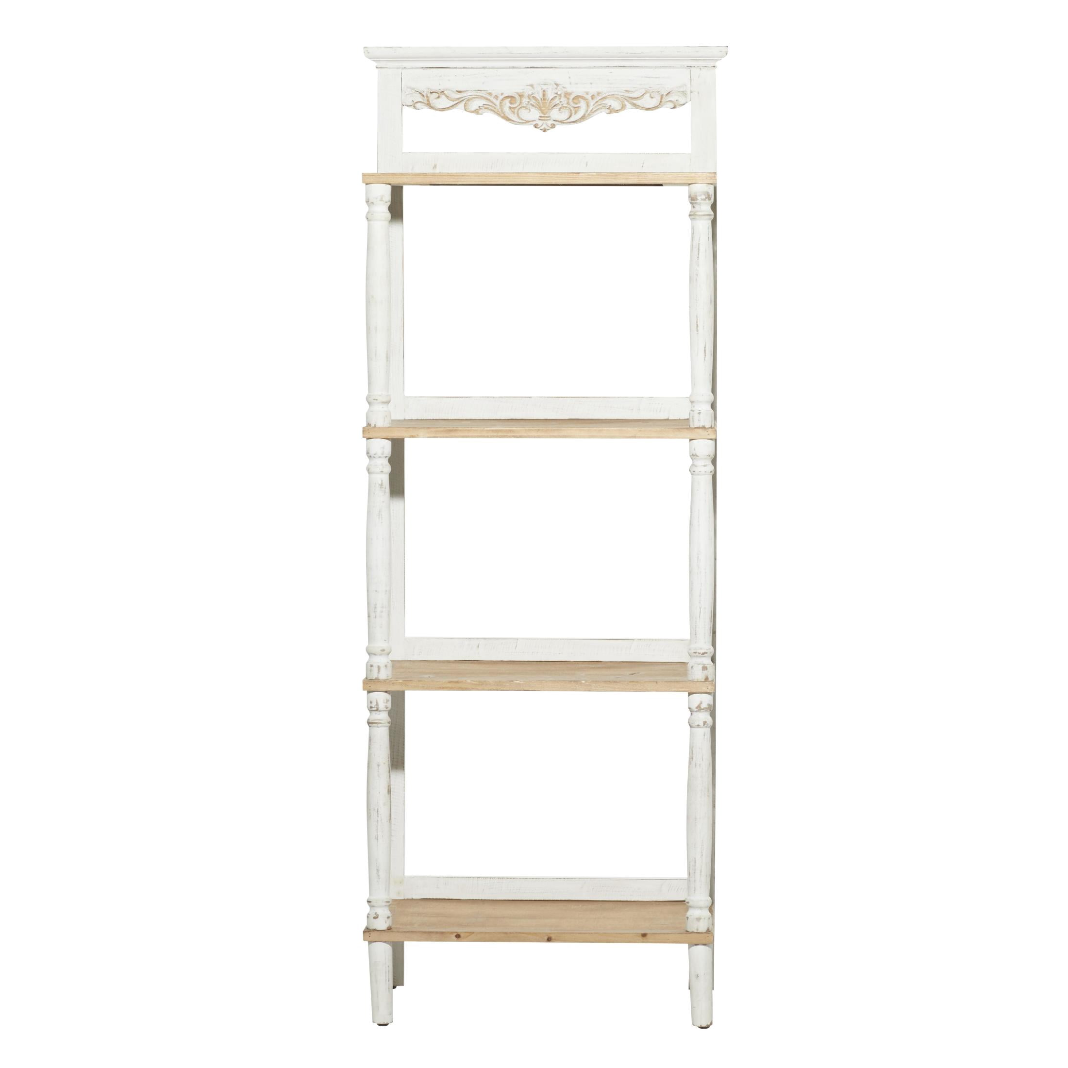 DecMode 22" x 57" White Wood Scroll 4-Tier Shelving Unit with Brown Shelves and Turned Frame, 1-Piece