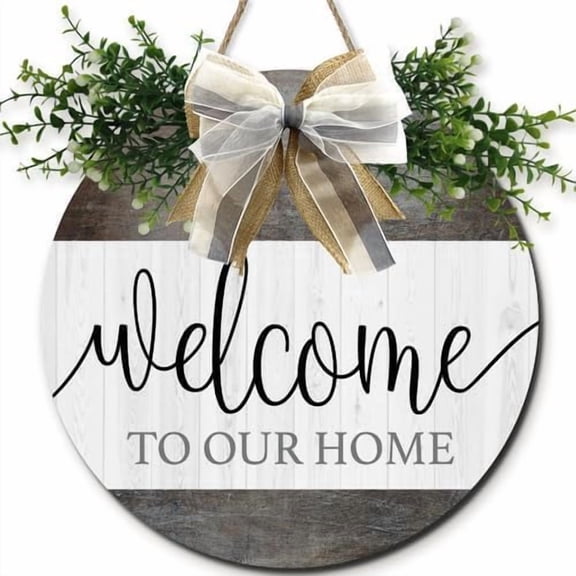 Welcome To Our Home Signs for Door, Farmhouse Rustic Round Wooden Hanging Wreaths for Family Wall Decorations, Bless this Home Wall Living Room Decor