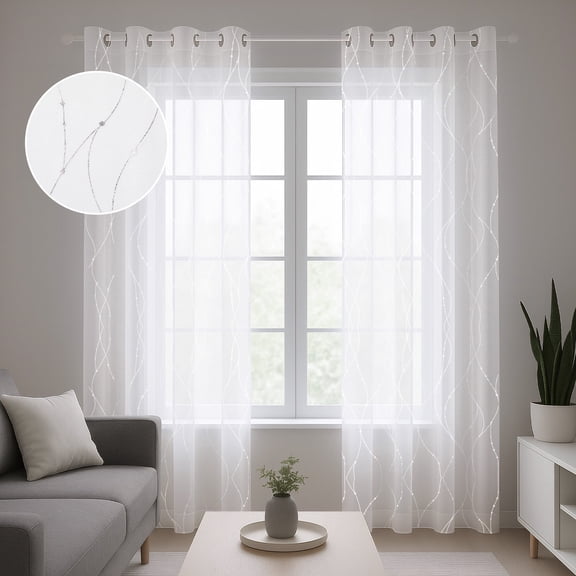 Deconovo White Sheer Curtains for Living Room, 52x84 inch, 2 Panels, Grommet Top, Silver Dot Print