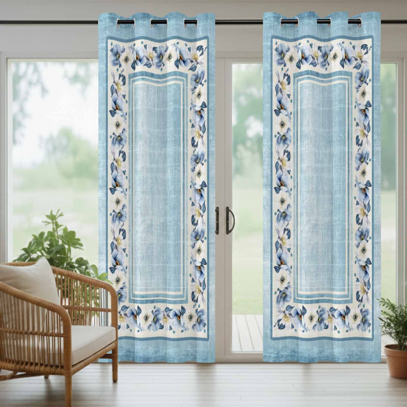 Teal Blue Spring Floral Outdoor Curtains for Patio, Vintage Summer Botanical Classic Sunshade Privacy Drapes Grommet Waterproof Outside Curtains for Porch/Cabana/Balcony 54"x 84", 1 Panel