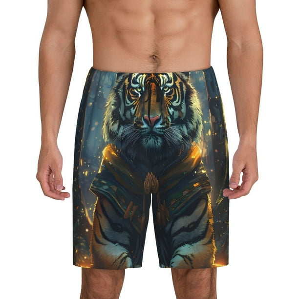 Balery Forest Meditating Tiger Pantalones cortos de pijama de punto de algodón para hombre con cinturilla y bolsillos-Medium