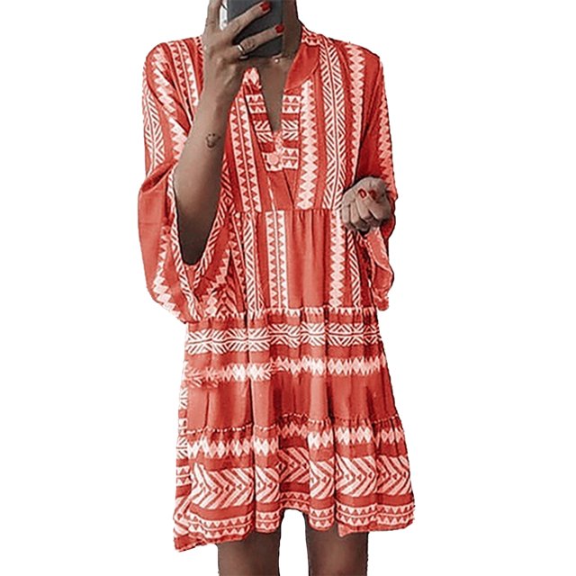 Innerwin Mini Robes Col en V Femmes Robe Courte Fête Longue Ample Été Plage Robe d'Été Blanc-Rouge G