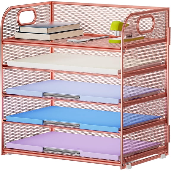 5 Tier Paper Organizer Letter Tray, Mesh Desk File Organizer with Handle, Paper Sorter Desk Organizer for Home Office Supplies - Rose Gold