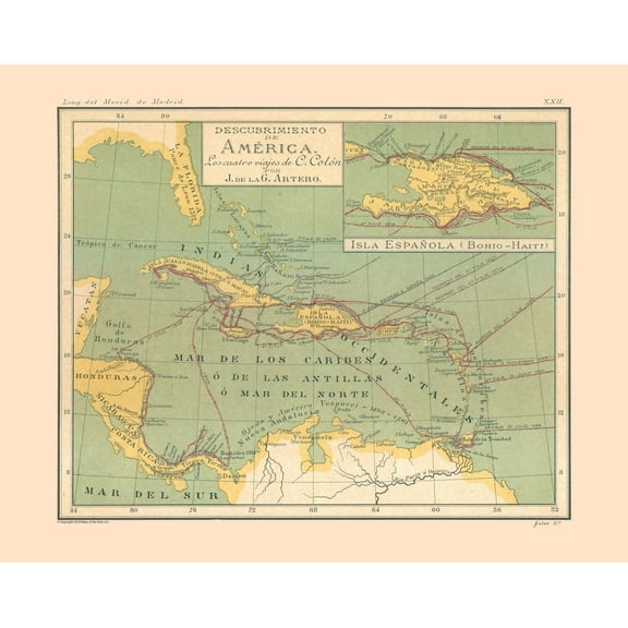 Historic Map - America Discovery - Artero 1879 - Vintage Wall Art