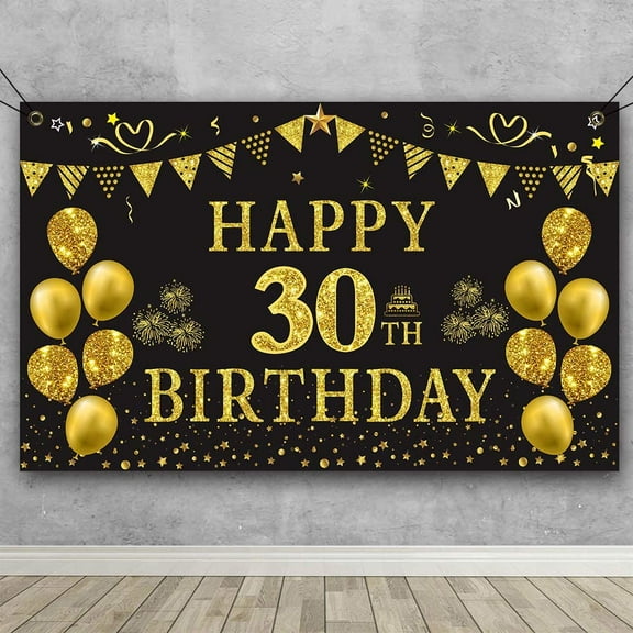 30th Birthday Backdrop Gold and Black 5.9 X 3.6 Fts Happy Birthday Party Decorations Banner for Women Men Photography Supplies Background Happy Birthday Decoration