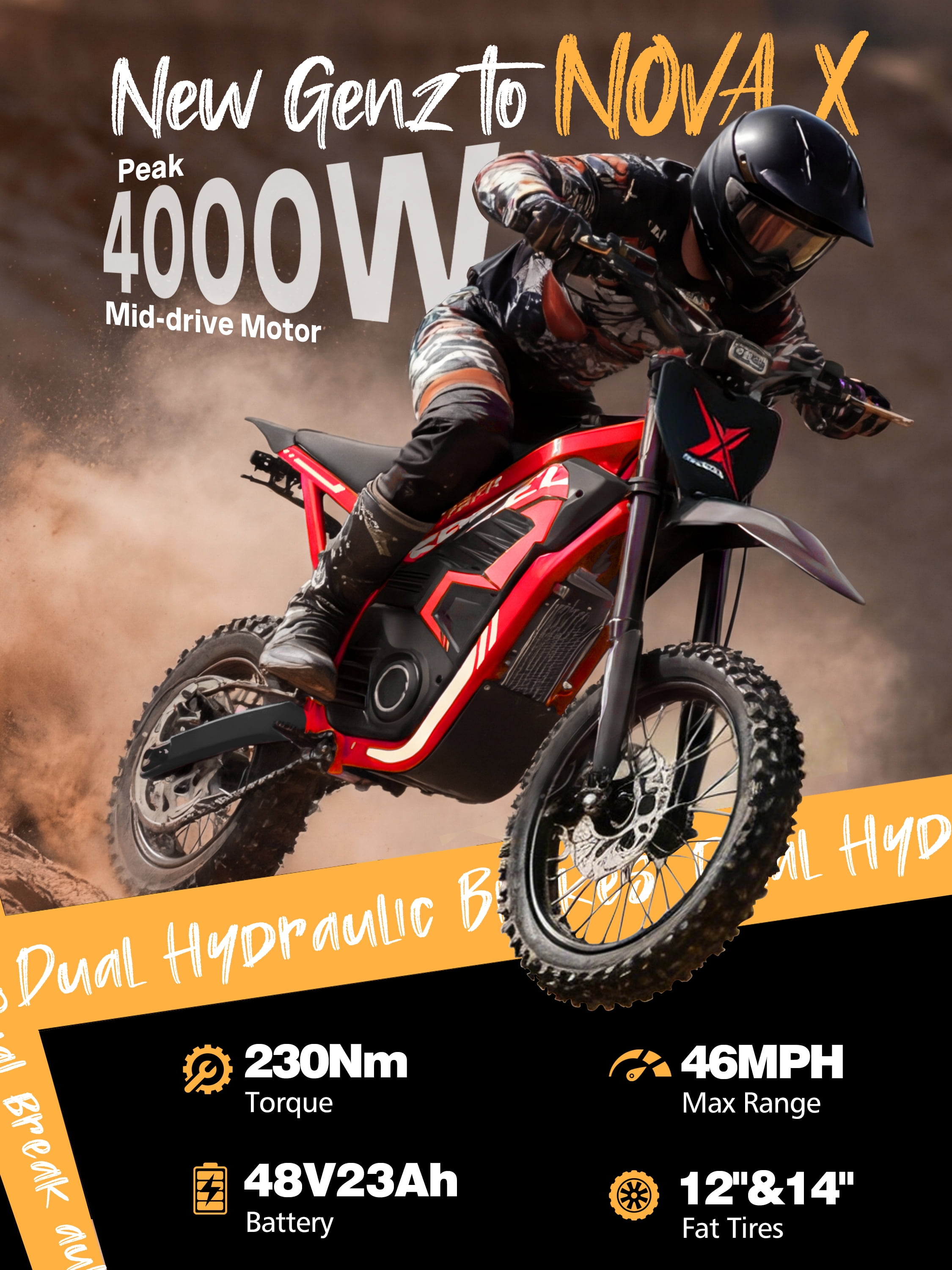 ESKUTE NovaX Electric Dirt Bike for Teens & Adults, 4000W Peak Mid-Drive Motor, 35-46 MPH Off-Road E-Bike, 48V 22.8Ah Battery, 14"/12" Wheels, Hydraulic Dual Shock Suspension Red, UL2849