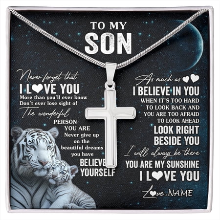 To My Son From Mom Dad Mother Never Forget I Love You White Tiger Son Birthday Graduation Box Message Card, Multi Cross Necklace