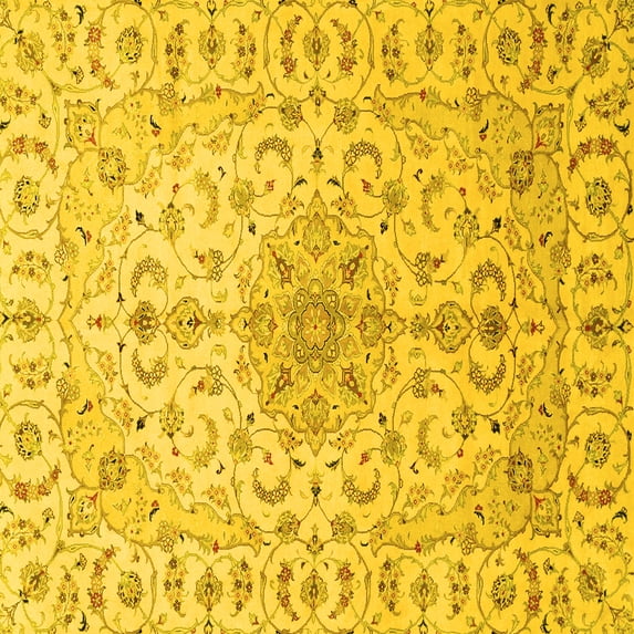 Ahgly Company Machine Washable Indoor Square Medallion Yellow Traditional Area Rugs, 4' Square