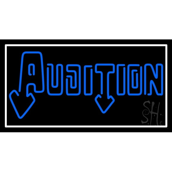 Blue Audition With Border LED Neon Sign 20" Tall x 37" Wide - inches Black Square Cut Acrylic Backing, with Dimmer - Premium built indoor Sign for Theater, Events.
