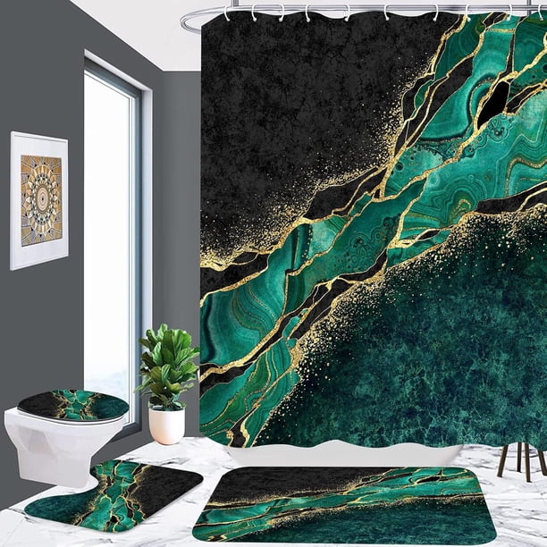 Juego de 4 cortinas de ducha de mármol rosa brillante (sin purpurina), juego de decoración de baño con 12 ganchos, juego de tapas de inodoro con alfombra antideslizante para baño, poliéster,