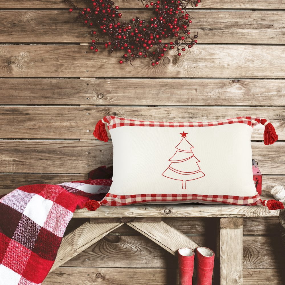 LR Home Merry Cotton Poly Filled Pillow in White/Red, 16" x 24"