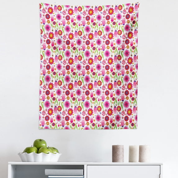 Hippie Tapestry, Blossoming Flowers and Sixties Peace Social Movement Themed Illustration, Fabric Wall Hanging Decor for Bedroom Living Room Dorm, 5 Sizes, Multicolor, by Ambesonne