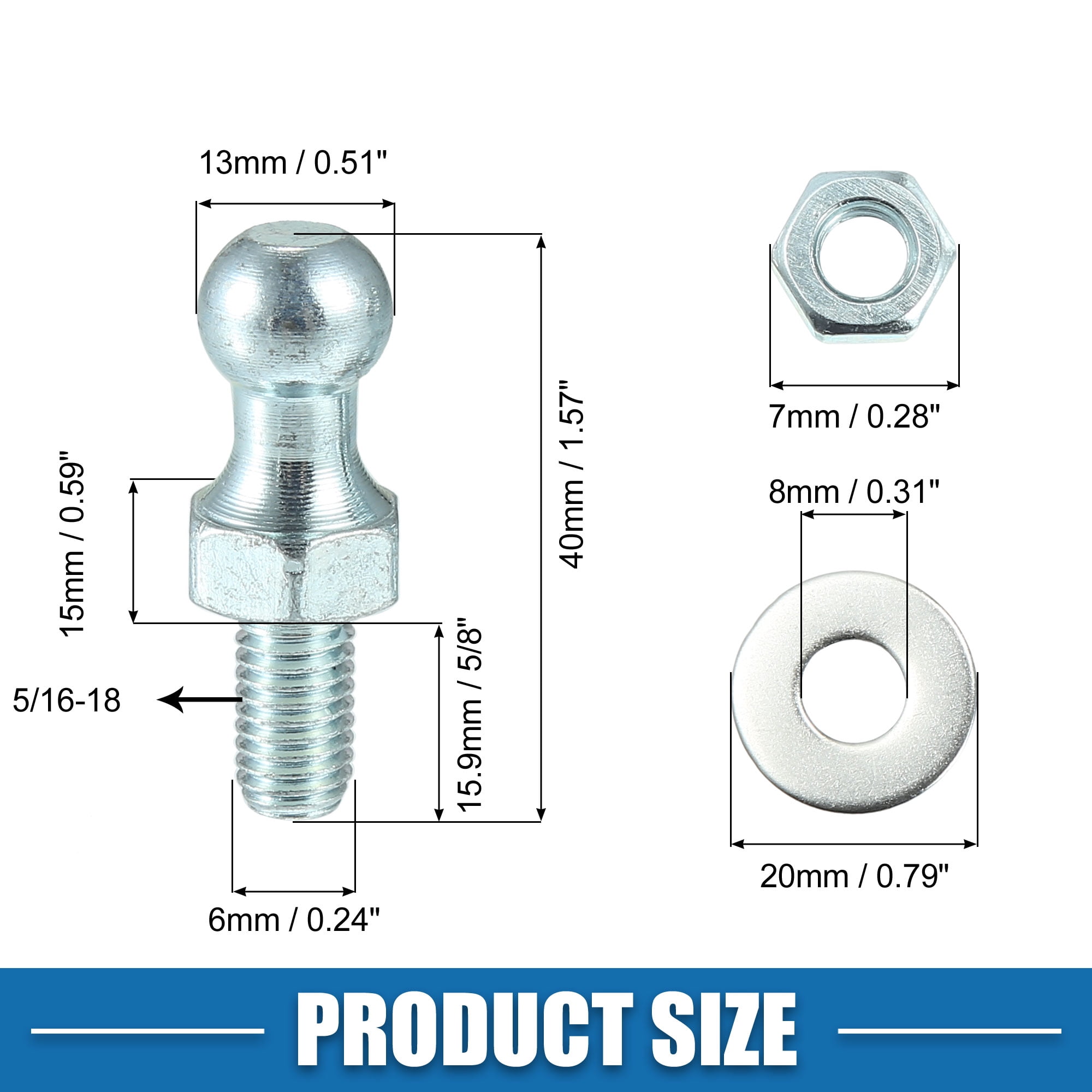 Unique Bargains 13mm Car Strut Ball 5/16-18 Thread with Lock Nuts and Washers