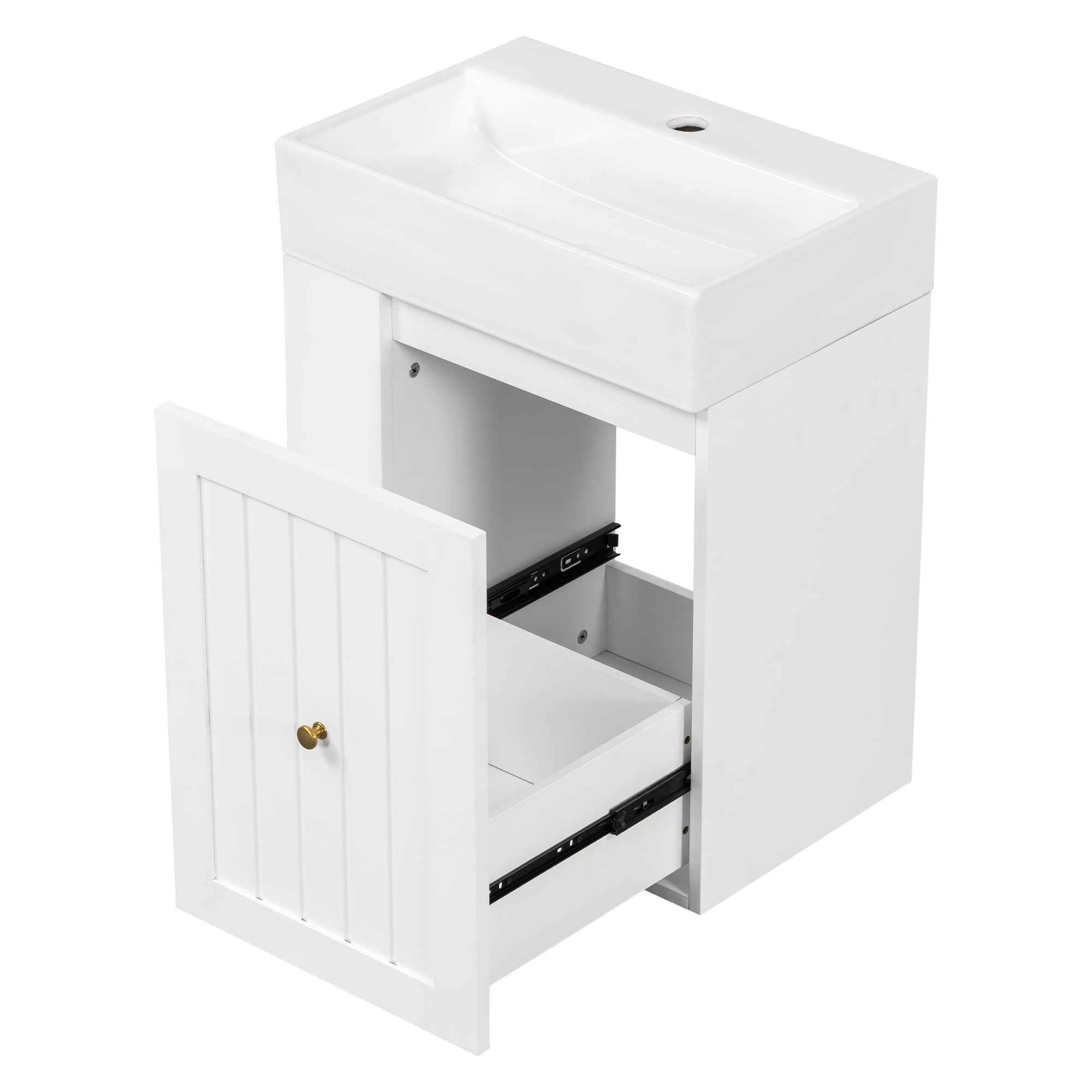 Aukfa 20"Wall-Mounted Bathroom Vanity with Ceramic Sink, Space-Saving Floating Bathroom Vanity,Large Drawer, Side Storage Shelf,White