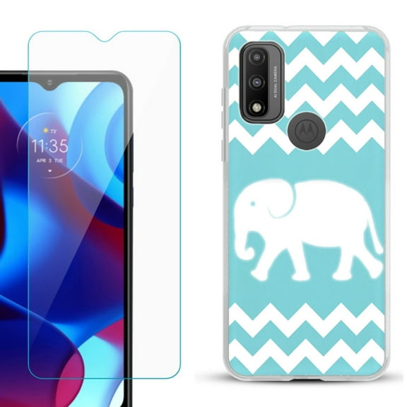 Slim-Fit Gel TPU Phone Case for Motorola Moto G Pure, with Tempered Glass Screen Protector, by OneToughShield ® - Chevron/Elephant