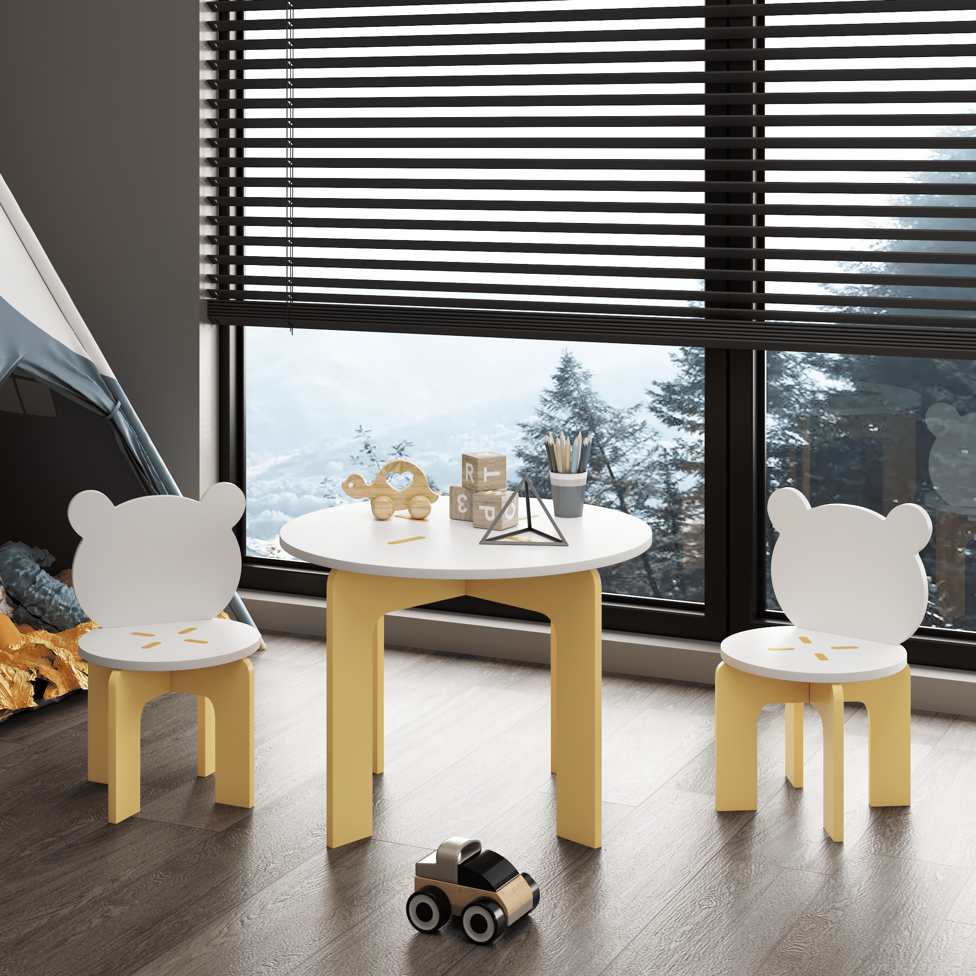 Kids Table and Chair Set, 3-Piece Toddler Table with 2 Chairs, Cute Bear-Back Chairs, Sturdy Wooden Activity Table Set for Kids, Playroom, Bedroom, Preschool