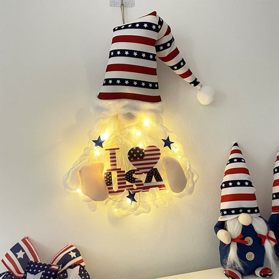 Patriotic Gnome Wreath with Lights for Front Door – Independence Day Welcome Signs & Memorial Day Hanging Wreath (23.62×11.81 inch) – 4th of July Wall Decorations for Patriotic Day Parties