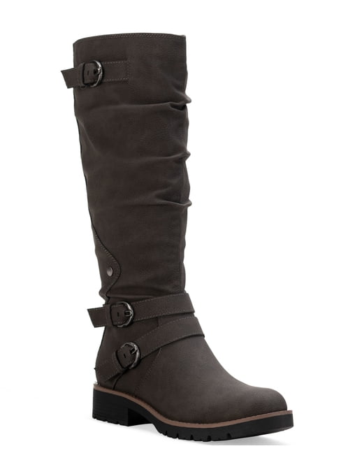 G.C. SHOES Womens Black Pull Tab Buckle Accent Goring Aston Round Toe Block Heel Zip-Up Riding Boot