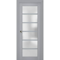 Sliding French Pocket Door with Frosted Glass | Veregio 7602 Matte Grey | Kit Trims Rail Hardware | Solid Wood Interior Bedroom Sturdy Doors-36" x 84"