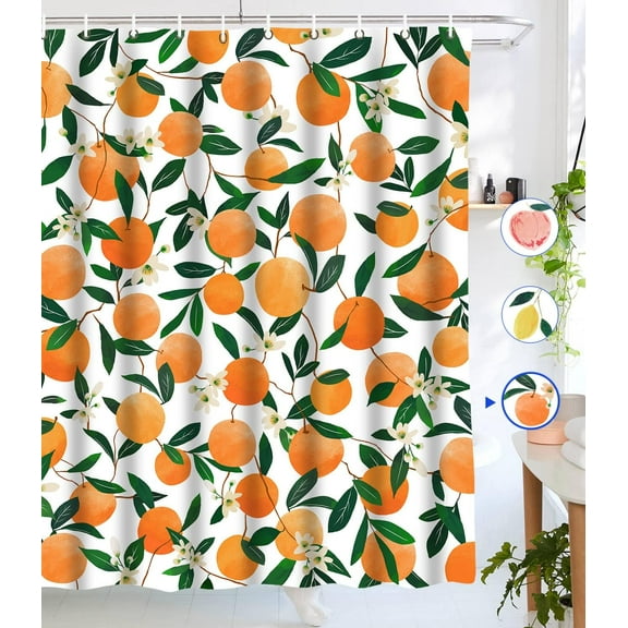 Orange Shower Curtain, Allover Fruits Round Citru Pattern Design Waterproof Fabric Bathroom Curtains Set with 12 Hooks, Orange Green 72×72 inch