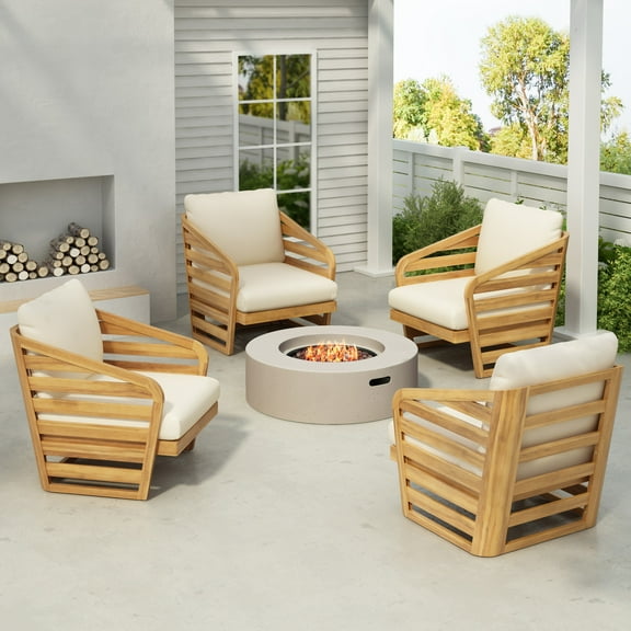 Zephyr Modern Outdoor Patio Mesh Lounge Chair with Cushions, Solid Wood Frame, Beige, Set of 4