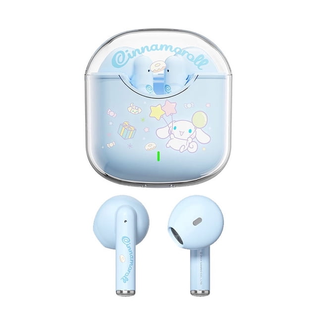sanrio kuromi bluetooth 5,4 auriculares bl19 lindo hello kitty tws auriculares inalámbricos kawaii cinnamoroll auriculares con reducción de ruido Auriculares TWS in-ear celeste con estuche de carga decorado con Cinnamoroll; vista frontal del estuche abierto y dos auriculares separados, plástico, tallo con texto impreso, rejilla de altavoz y LED frontal; incluye estuche, manual y cable USB-C según especificaciones; a menudo usados para gaming portátil o uso diario.