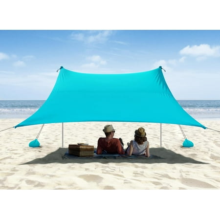 Beach Tent, Camping Sun Shelter 10 x 10ft, with 4 Sandbags, UPF50+, Includes Sand Shovel, Ground Pegs & Stability Poles, Pop Up Beach Canopy Sunshade for Fishing, Backyard Fun or Picnics (Cyan)