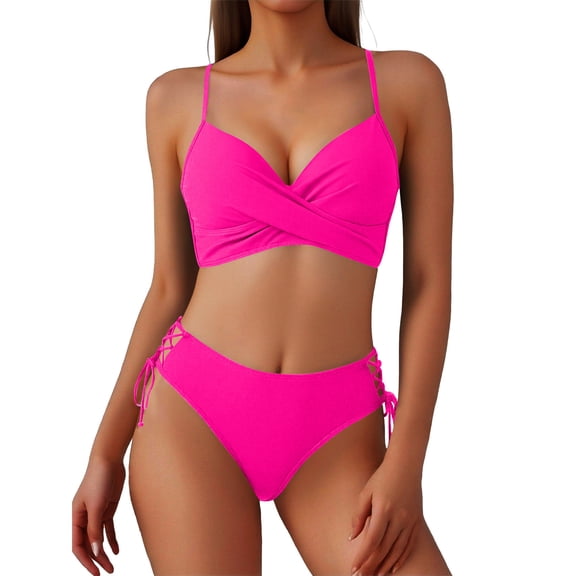 Ecqkame Women's Bikini Sets Tummy Control High Waisted V Neck Swimsuits Solid Side Drawstring Gathering Two Piece Bathing Suit Hot Pink XXL