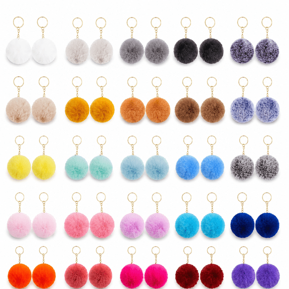 50 Pack Cute Fluffy Pom Pom Keychains for Girls, 25 Soft Pastel & Bright Colors, Bag Charm Accessories, Faux Fur Ball Key Rings for Bags, Backpacks, Keychains & Christmas Gift Giving