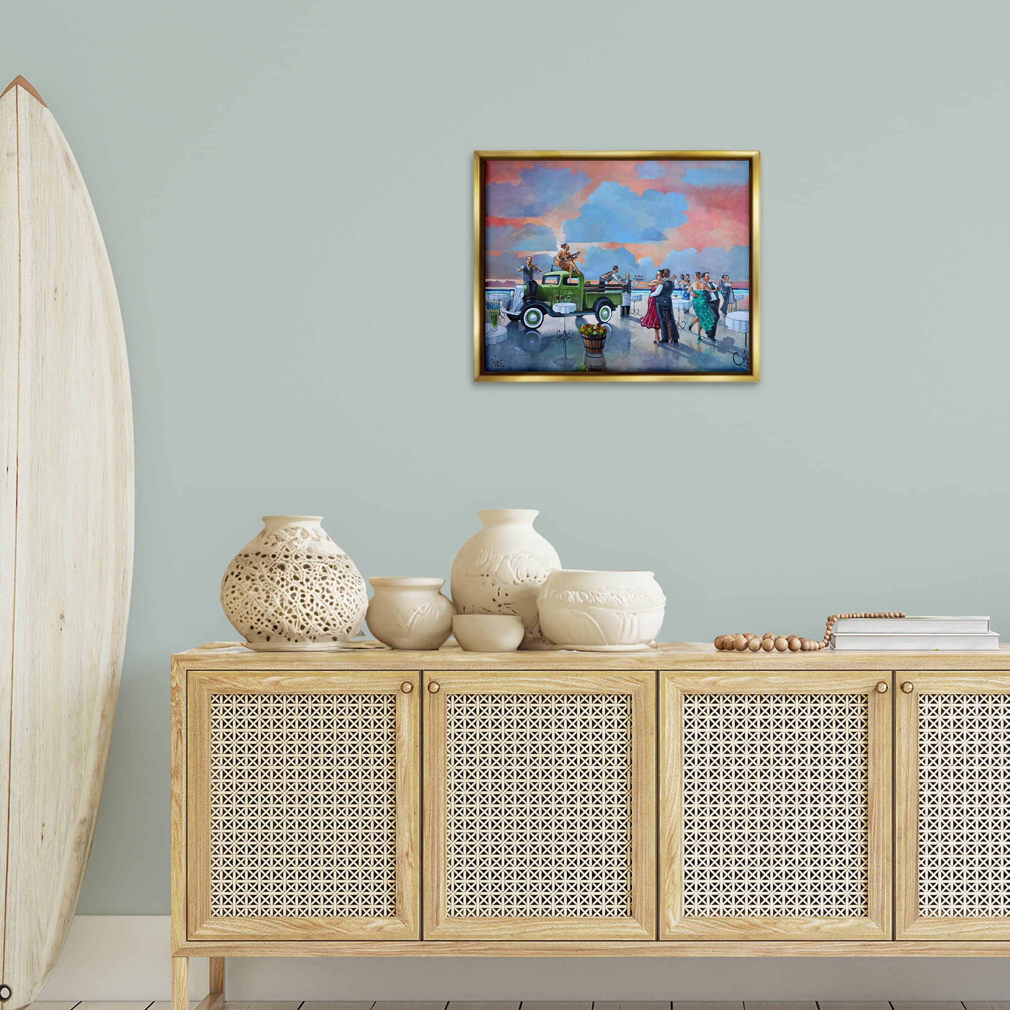 Stupell Industries Beach Ballroom Dance People Painting Gold Floater Framed Canvas Art Print Wall Art, 21 x 17