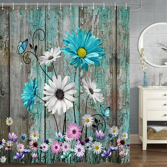 Rustic Farmhouse Floral Shower Curtain Rustic Farmhouse Daisy Shower Curtain Spring Daisy Shower Curtain Rustic Wooden Shower Curtain Set with 12PCS Hooks, 72X72 Inch, Green