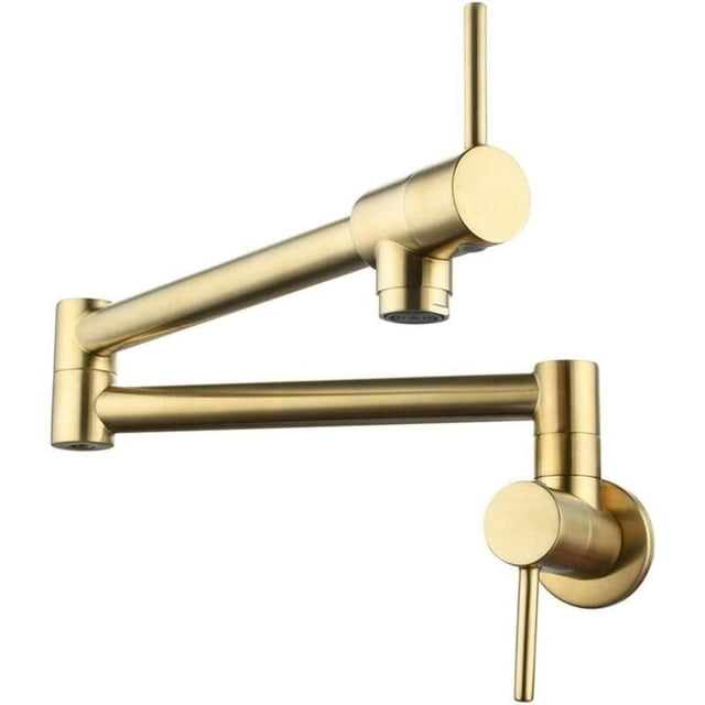 Grifo de cocina de oro cepillado con brazo oscilante de doble articulación para montaje en pared de latón macizo, suministro de agua higiénico con cartucho de cerámica para fregaderos contemporáneos