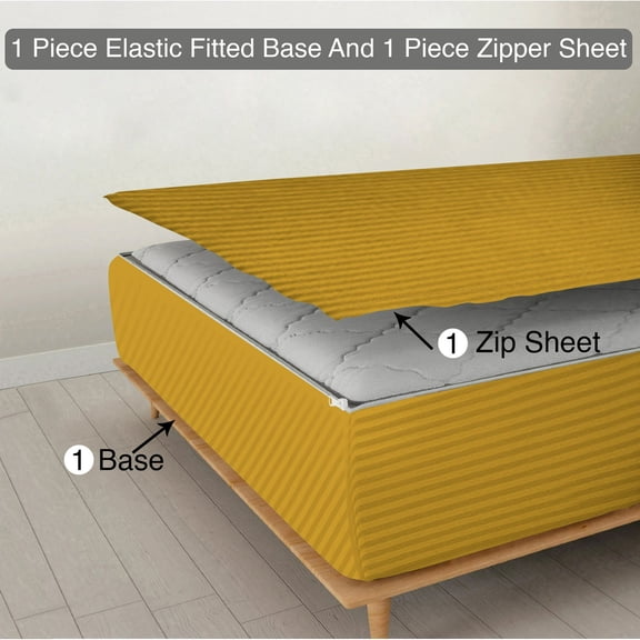 Zipper Fitted Sheet, (Olympic Queen Size 66x80) 26 Inch Deep Pocket, 100% Egyptian Cotton, 800 TC, Stripe Gold Color.