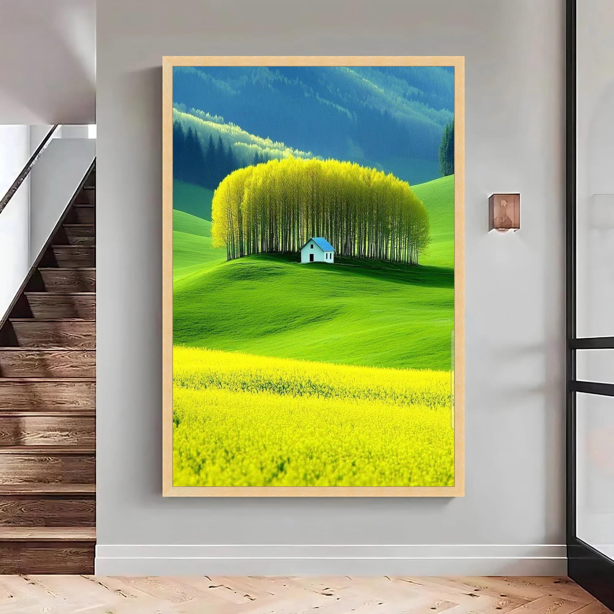 Tranquil Countryside Scene, Green Hills, Yellow Tree Grove Wall Art, Cottage - Large, Oversized Poster, Poster Only