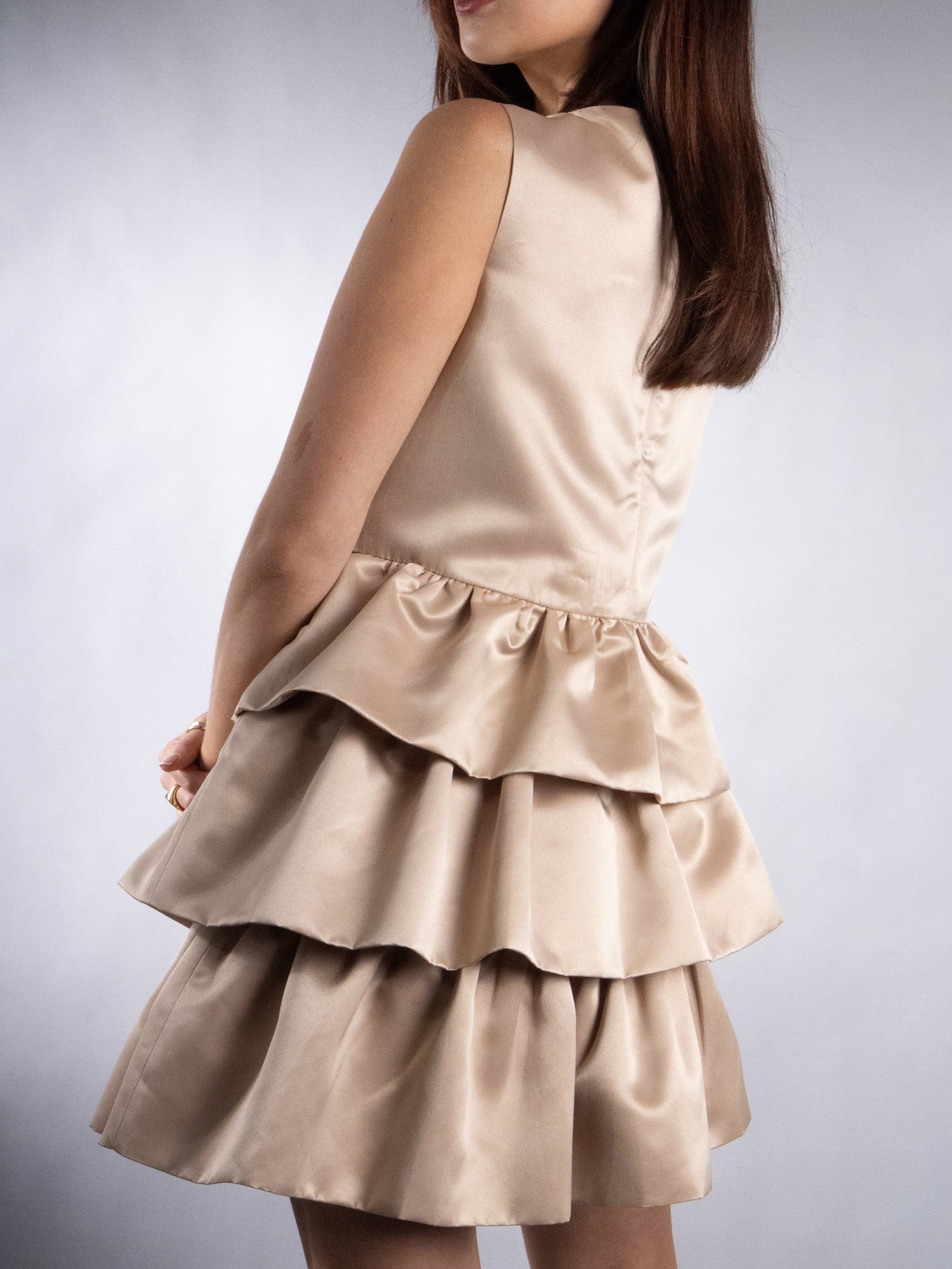 DARING DIVA Women's Elegant Boat Neck Tiered Mini Dress S Khaki