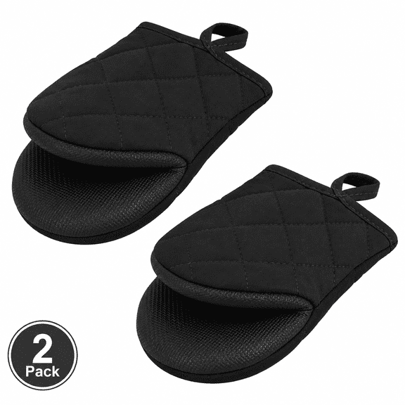 Hemivara Short Oven Mitts, 500 F Heat Resistant Mini Oven Gloves with Non-Slip Grip, Black, 2 Pack