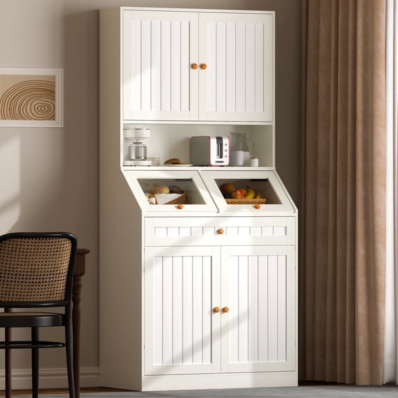 NAIYUFA 77" Kitchen Pantry Cabinet with Tilt-Out Food Storage Bins, Freestanding Farmhouse Pantry Hutch with Door Shelves, Drawer & Coffee Bar Counter, White