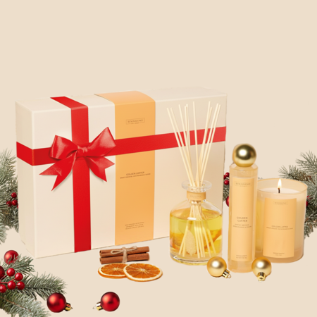 Golden Luster Gift Box Candle Room Spray & Reed Diffuser Orange Cedarwood & Clove |Luxurious Home Fragrance Set Ready for Gifting