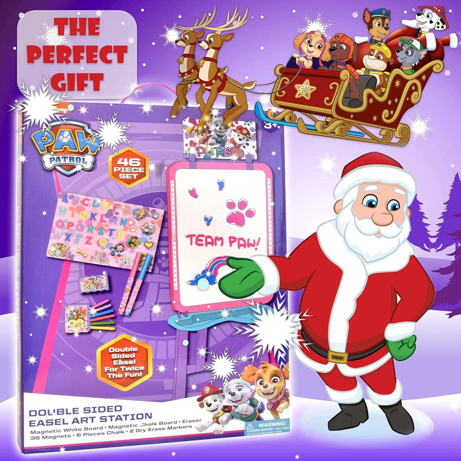 Paw Patrol Standing Art Easel for Kids with Magnetic Whiteboard, Chalkboard, Accessories and Bookmark, Pink/Purple