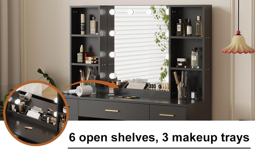 COZONY Vanity Desk with Mirror, Makeup Dressing Table Playset, Charging Station, 6 Open Shelves, 5 Drawers & Cabinet Door, 10 LED Bulbs & 3 Modes, Bedroom, Bathroom, Living Room, Black