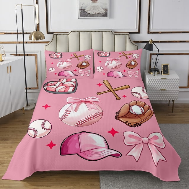 Erosebridal Ensembles de Courtepointe de Baseball pour Filles Lit Très Grand Size, Ensemble de Lit Nœud Papillon Rose Rêveur 3 Pcs