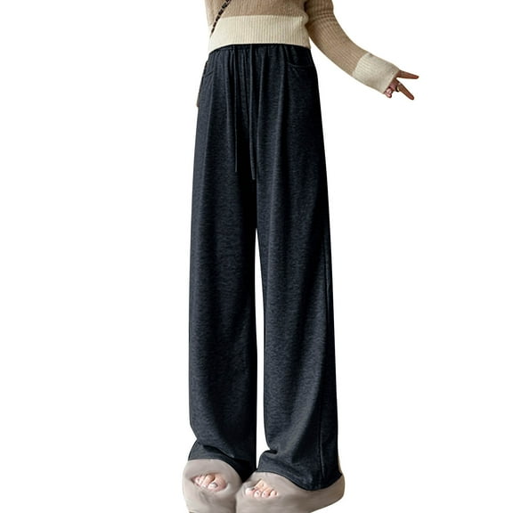 Women Ribbed Knit Pants Elastic Waist Tie Front Wide Leg Sweat Pants Drawstring Straight Leg Pants with Pockets