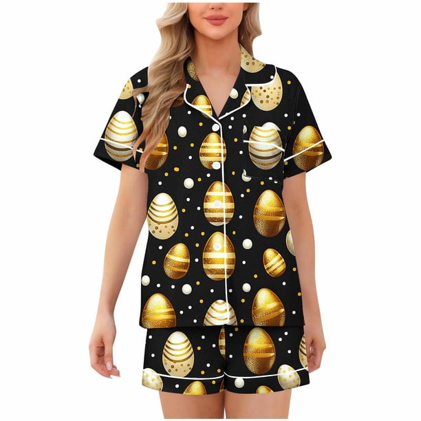 Blusa de Manga Corta Casual Turndown Botón Impresión Y Pantalones Cortos para las Mujeres, Verano Conjunto Corto para el Uso Diario Al Aire Libre