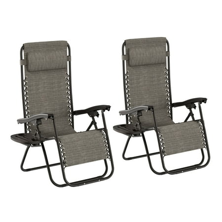 Lavish Home Set of 2 Outdoor Zero Gravity Chairs with Side Table (Gray)