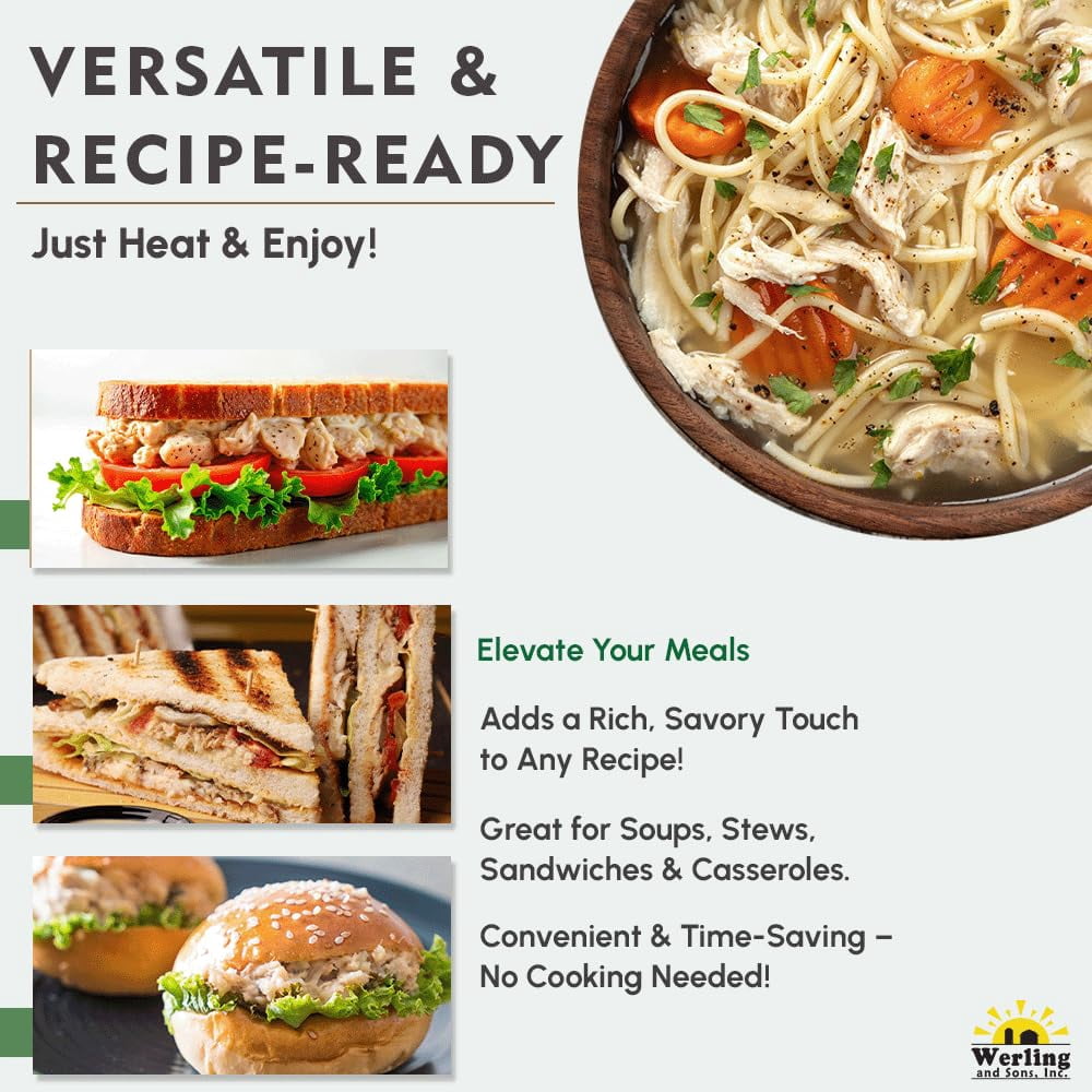 Werling & Sons Canned Chicken 28 Oz, Pack of 12 – Fully Cooked, Ready to Eat, High-Protein Canned Meat with 5-Year Shelf Life – Great for Recipes, Camping, Emergency & Survival – Made in USA